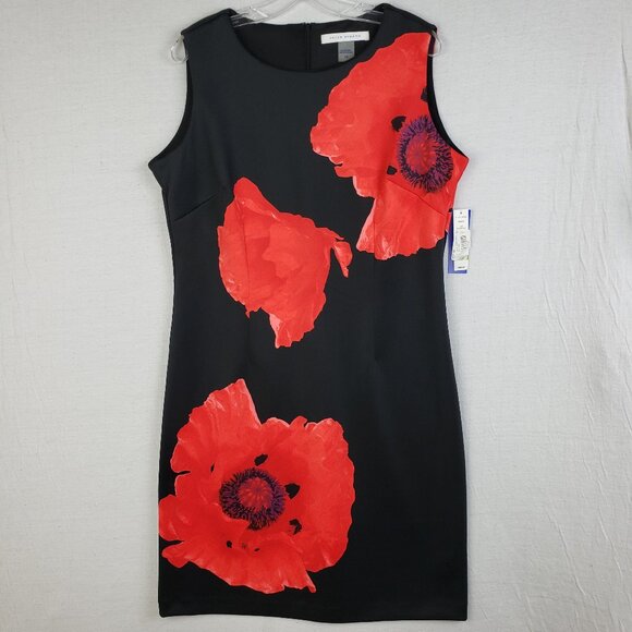 NWT Peter Nygard Sheath Dress Poppy Floral Print Sleeveless Black Red size 14 - Picture 1 of 10